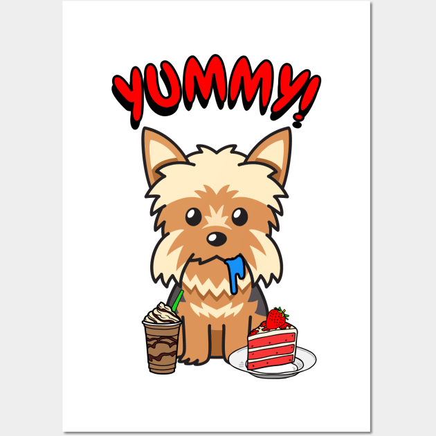 Cute yorkie dog is having coffee and cake Wall Art by Pet Station